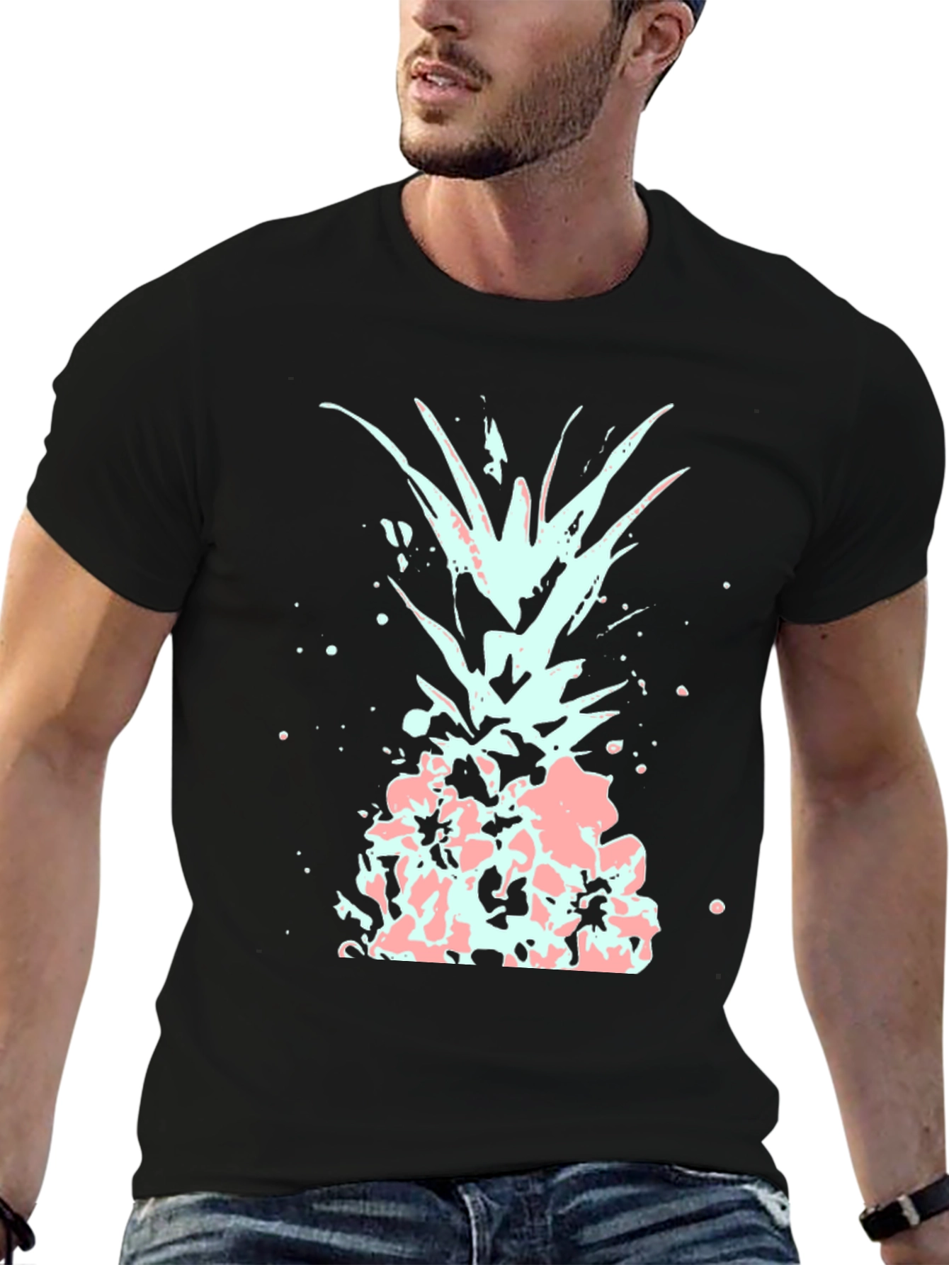 Mens Black T-Shirt with Abstract Pineapple Design