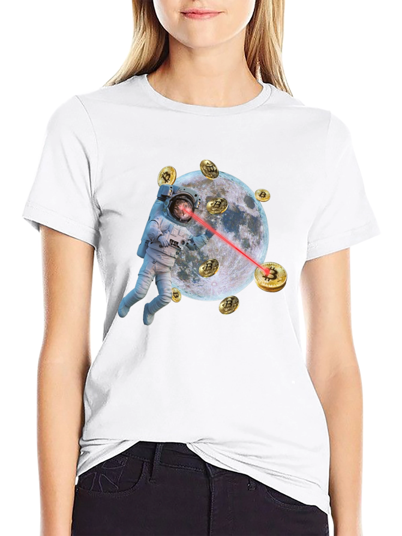 Astronaut Cat Bitcoin Laser Eyes Black T-Shirt