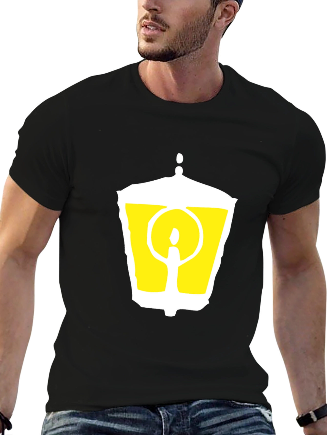 Black T-Shirt with Graphic Lantern Design