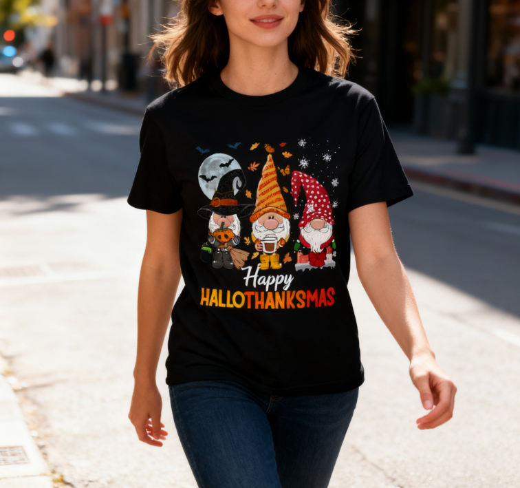 Happy HalloThanksMas Gnome T-Shirt - 100% Cotton, Festive Tee for Halloween, Thanksgiving & Christmas Celebrations