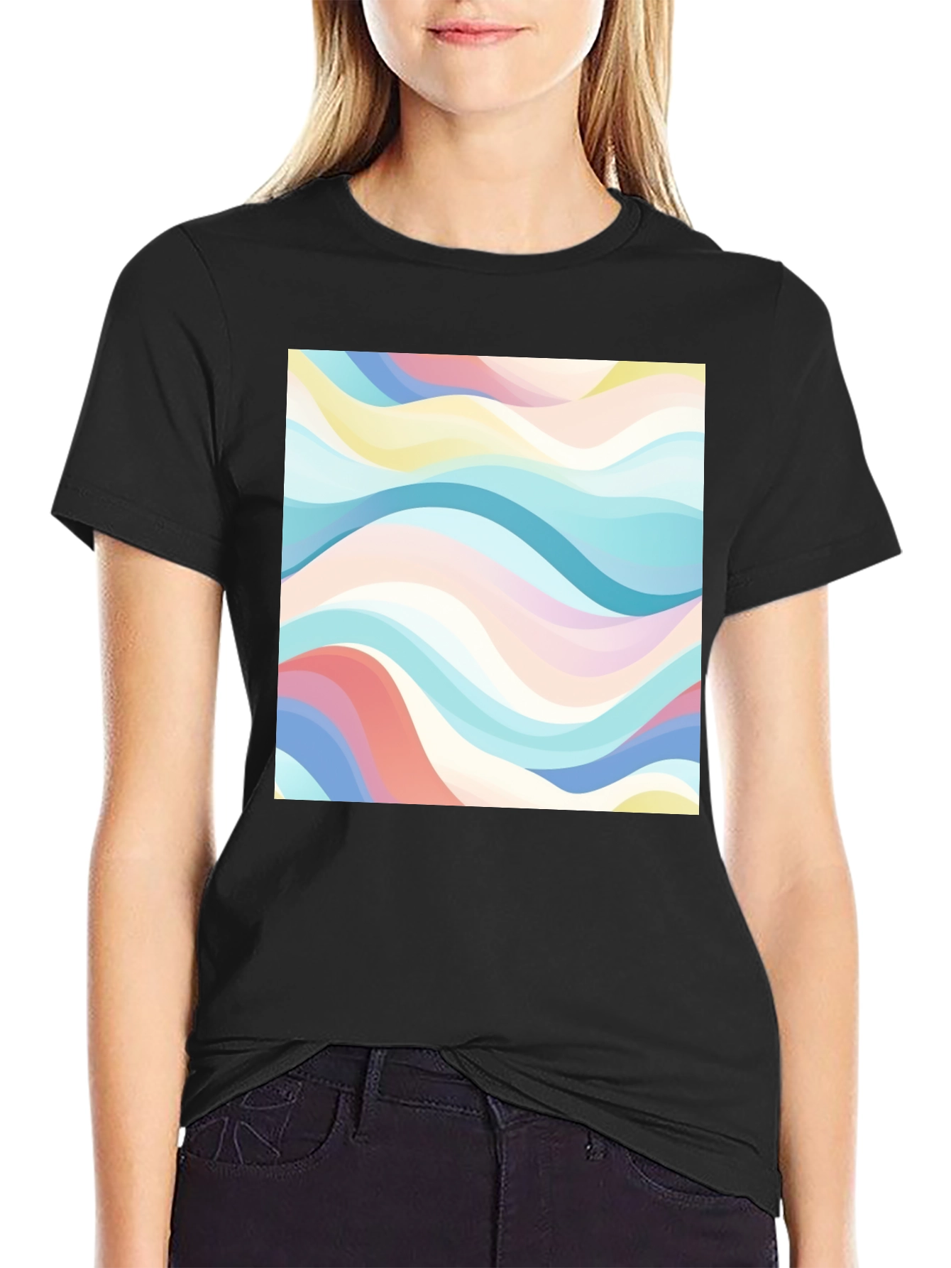Retro Wave Print Black T-Shirt - Casual Style