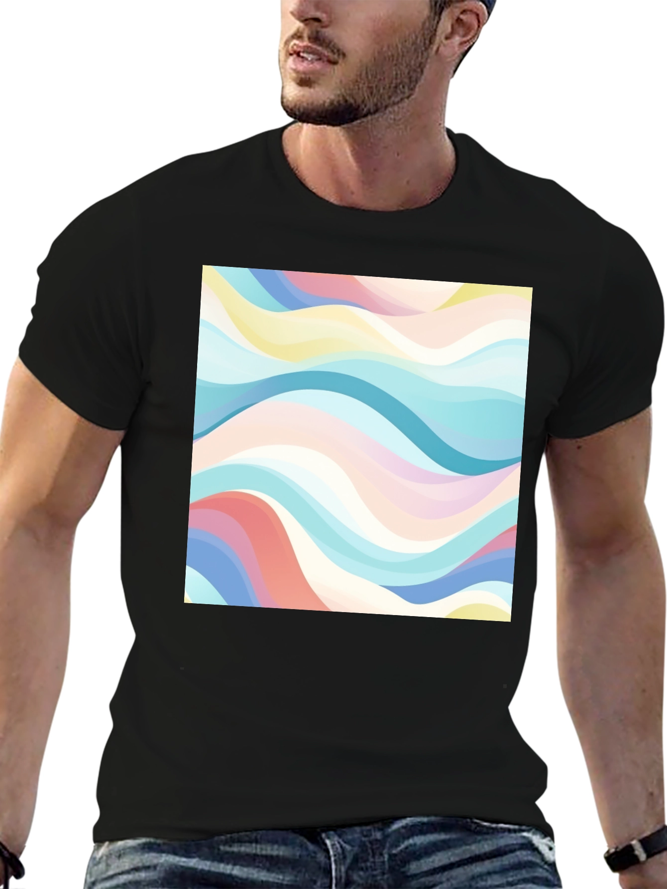 Retro Wave Print Black T-Shirt - Casual Style