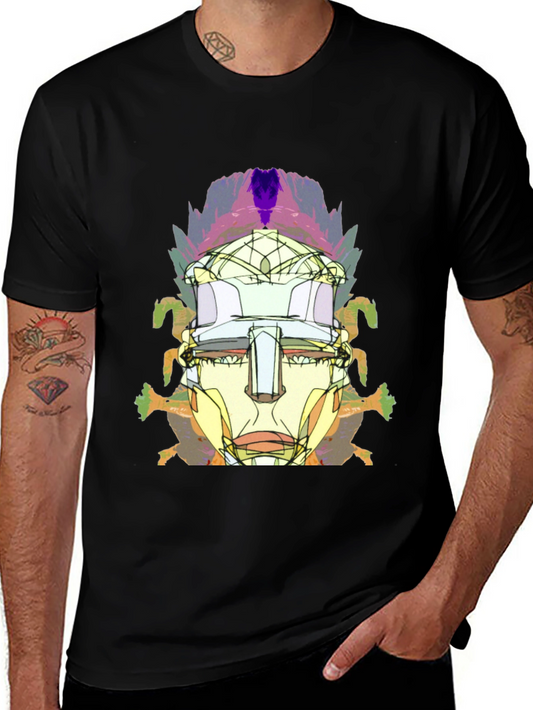 Abstract Face Graphic Tee - Black Short Sleeve Casual Shirt