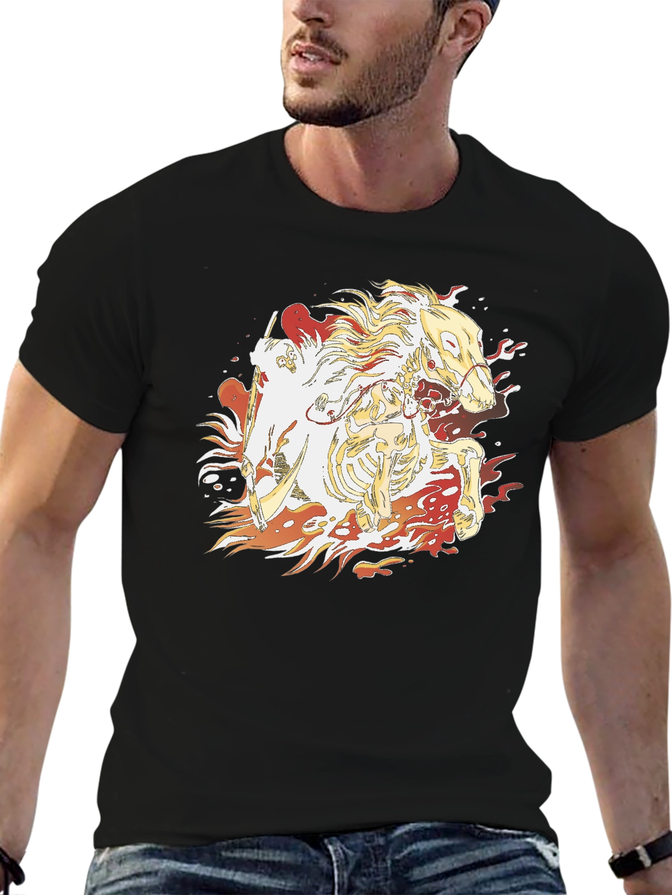Fiery Skeleton Horse Graphic T-Shirt