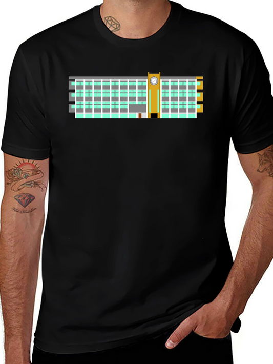 Clock Tower Building Graphic Tee - Black Cotton T-Shirt