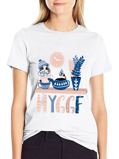 Whimsical Hygge T-Shirt: Cozy Cat & Tea Design