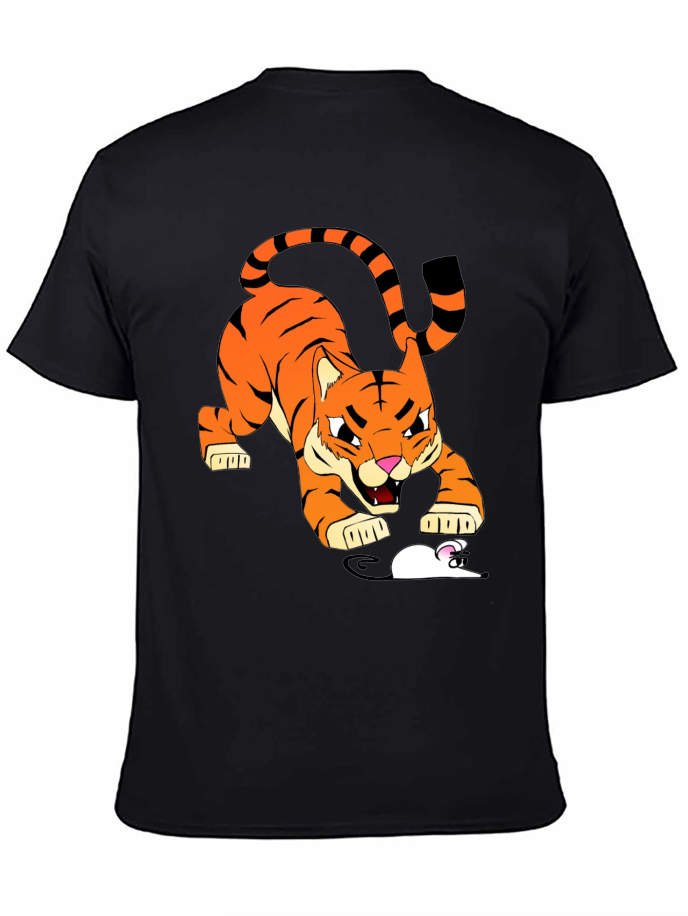 Tiger vs Mouse Cartoon Graphic Black T-Shirt