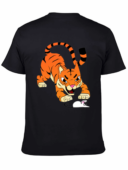 Tiger vs Mouse Cartoon Graphic Black T-Shirt