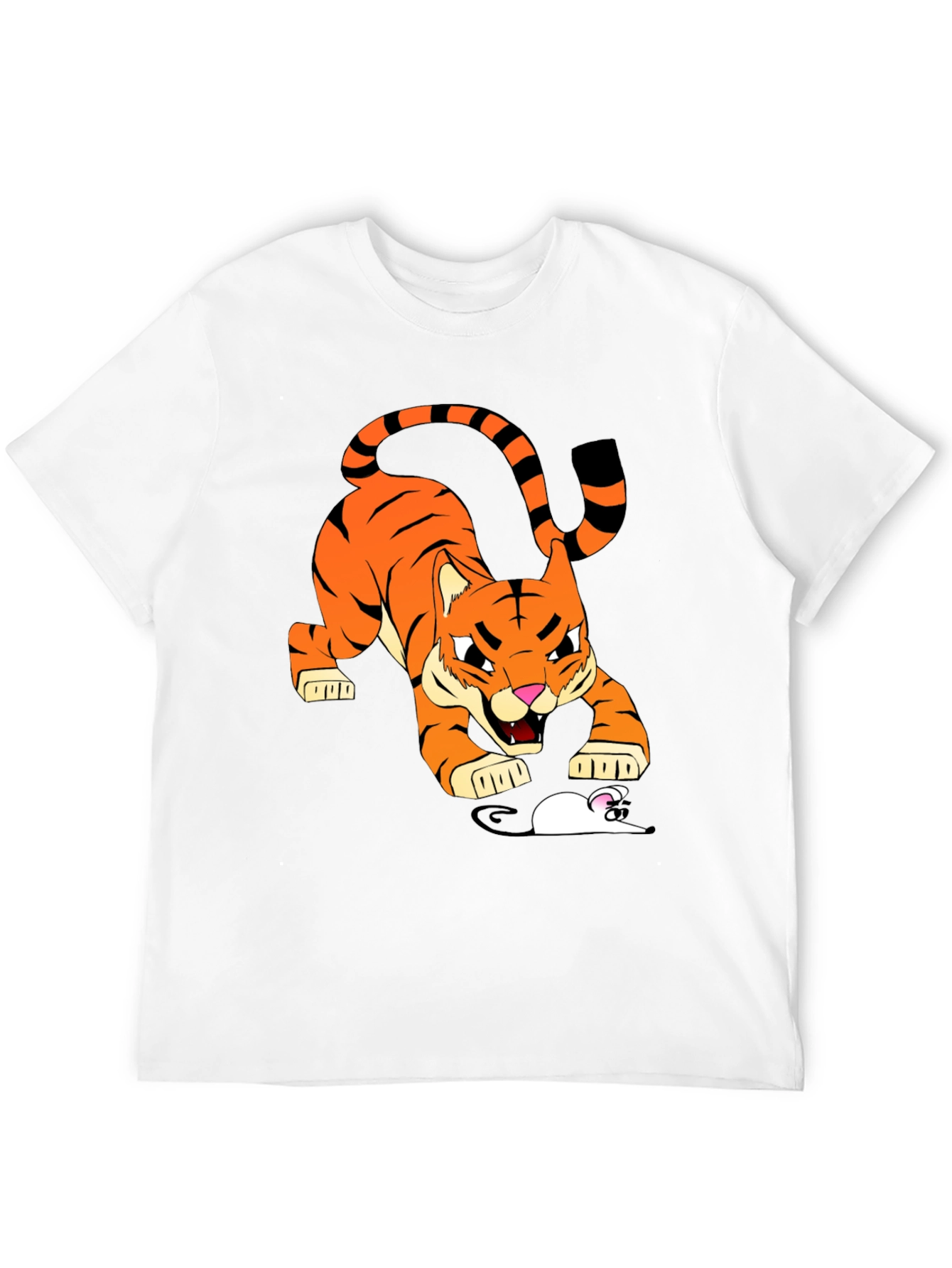 Tiger vs Mouse Cartoon Graphic Black T-Shirt