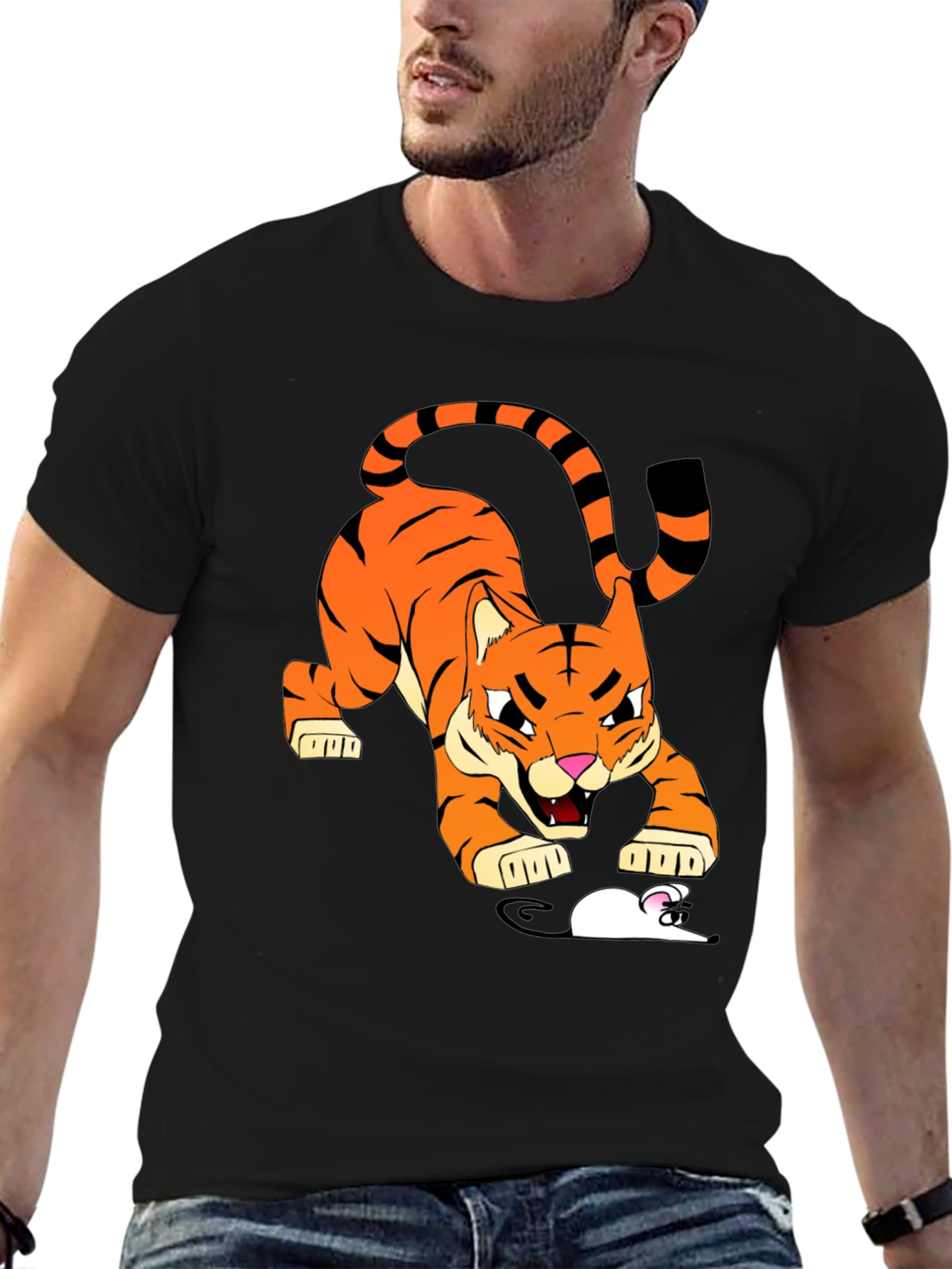 Tiger vs Mouse Cartoon Graphic Black T-Shirt