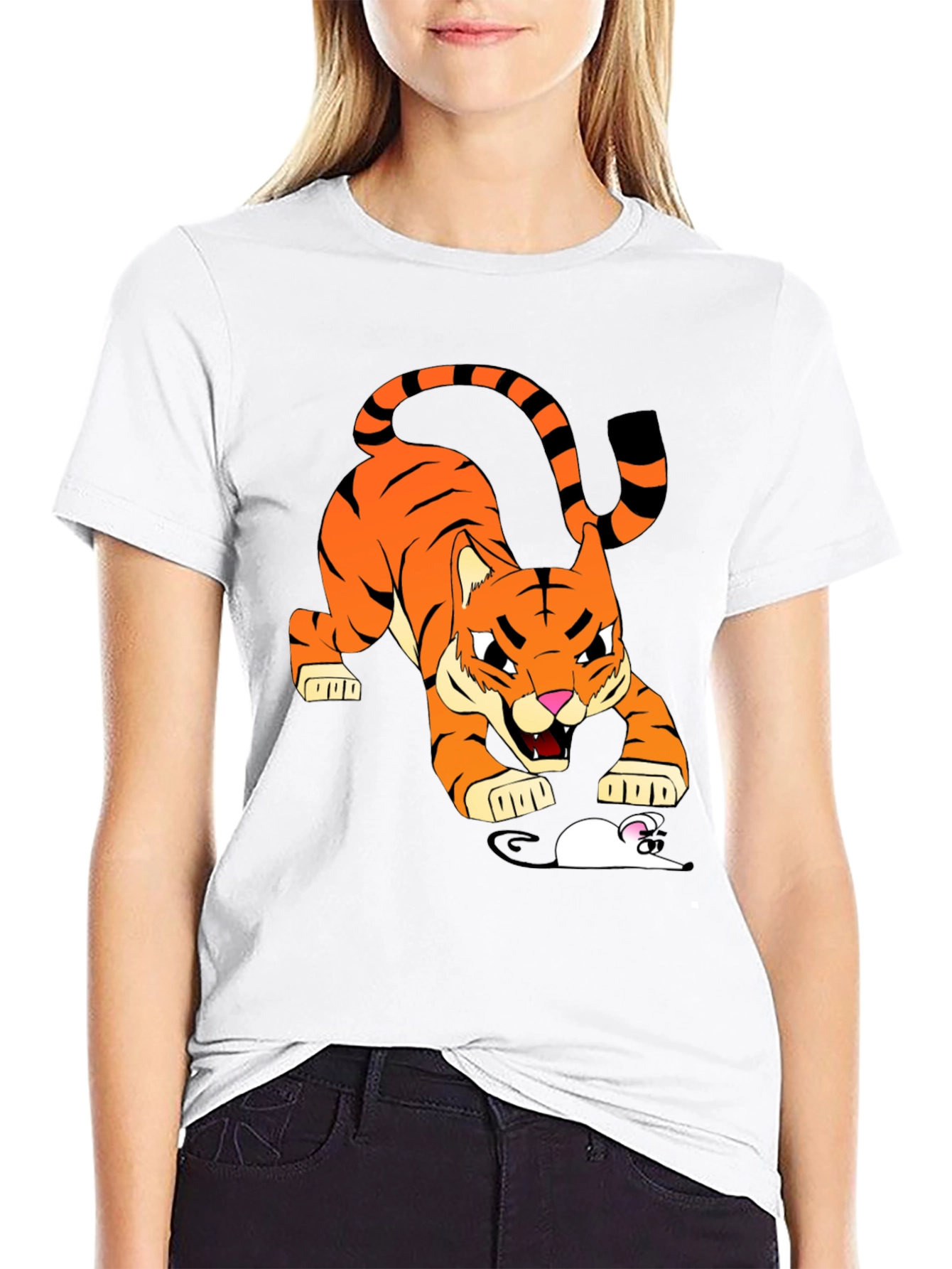 Tiger vs Mouse Cartoon Graphic Black T-Shirt