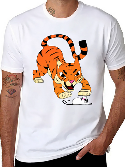 Tiger vs Mouse Cartoon Graphic Black T-Shirt