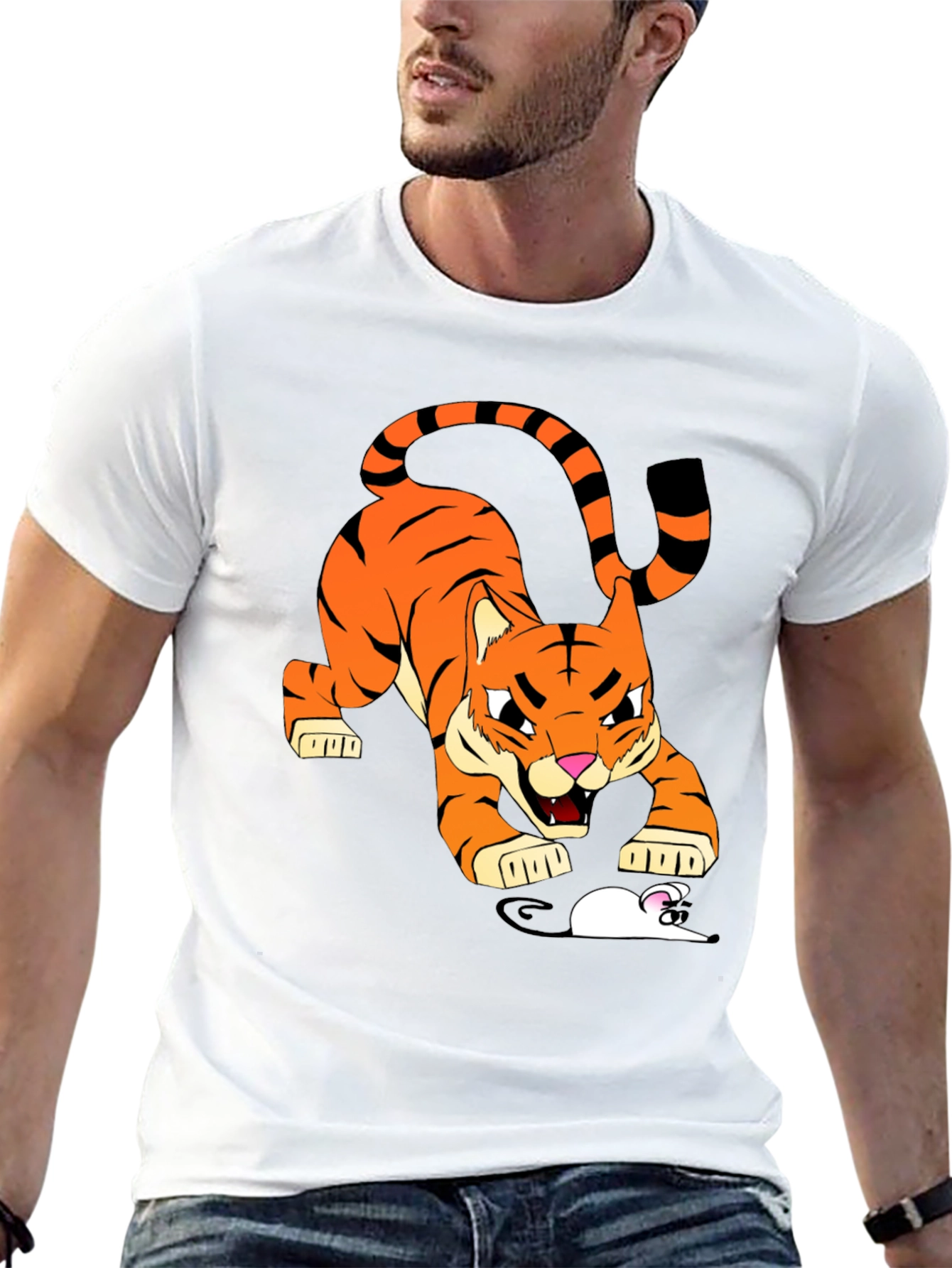 Tiger vs Mouse Cartoon Graphic Black T-Shirt