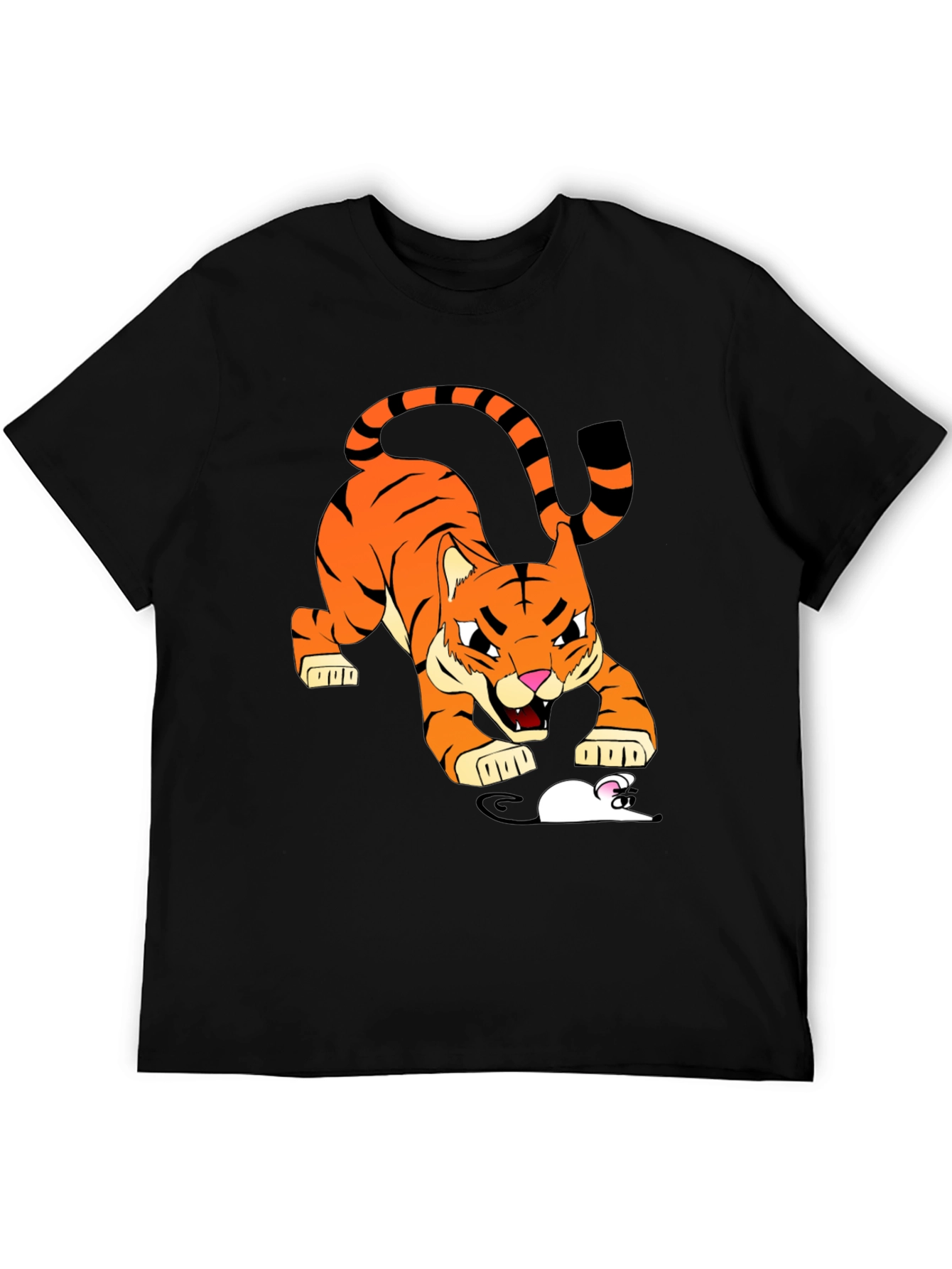 Tiger vs Mouse Cartoon Graphic Black T-Shirt