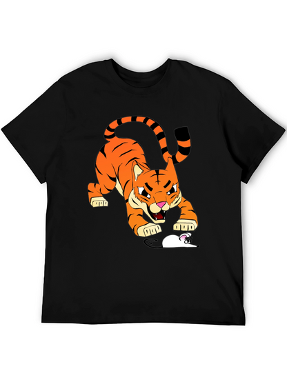 Tiger vs Mouse Cartoon Graphic Black T-Shirt
