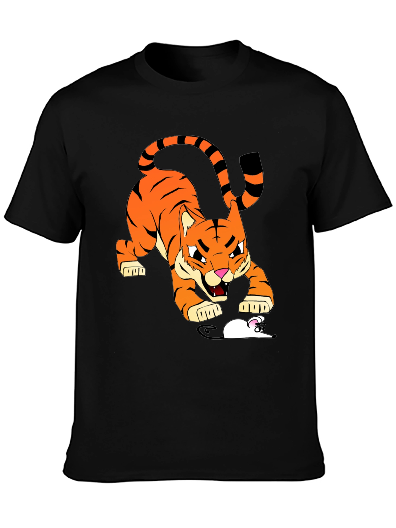 Tiger vs Mouse Cartoon Graphic Black T-Shirt
