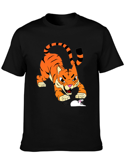 Tiger vs Mouse Cartoon Graphic Black T-Shirt