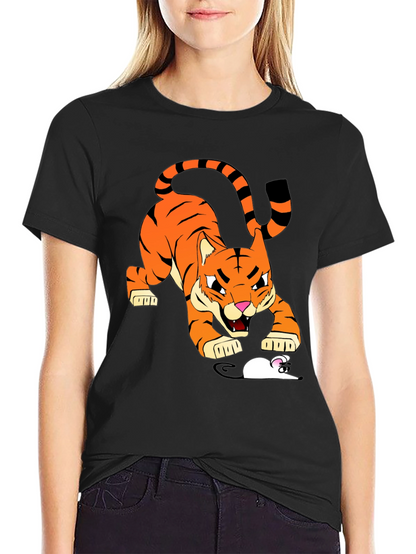 Tiger vs Mouse Cartoon Graphic Black T-Shirt