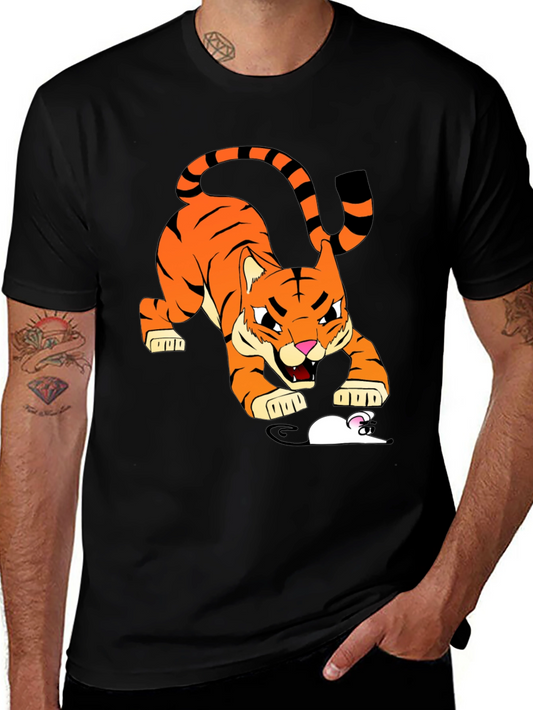 Tiger vs Mouse Cartoon Graphic Black T-Shirt