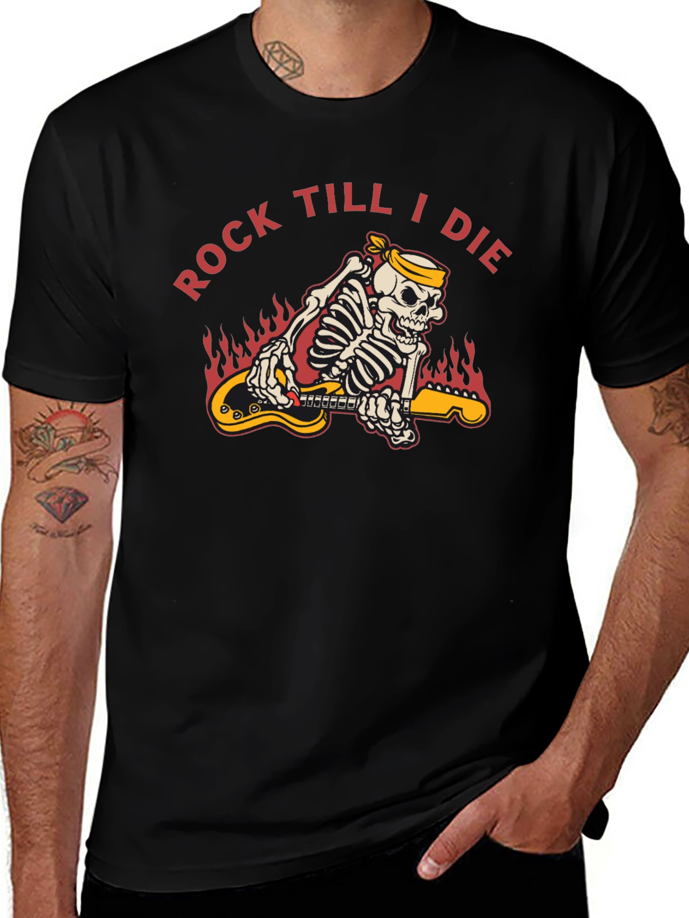 Rock Till I Die Skeleton Guitar T-Shirt