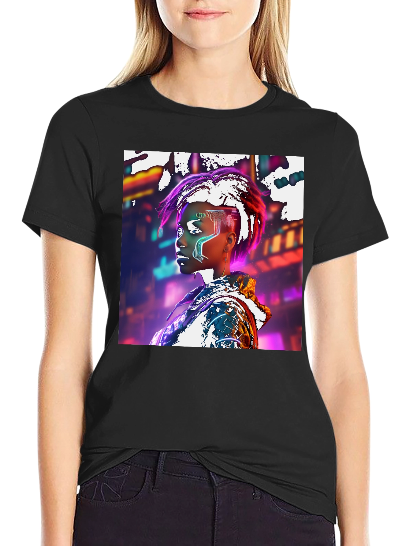 Cyberpunk Futuristic Woman Black T-shirt
