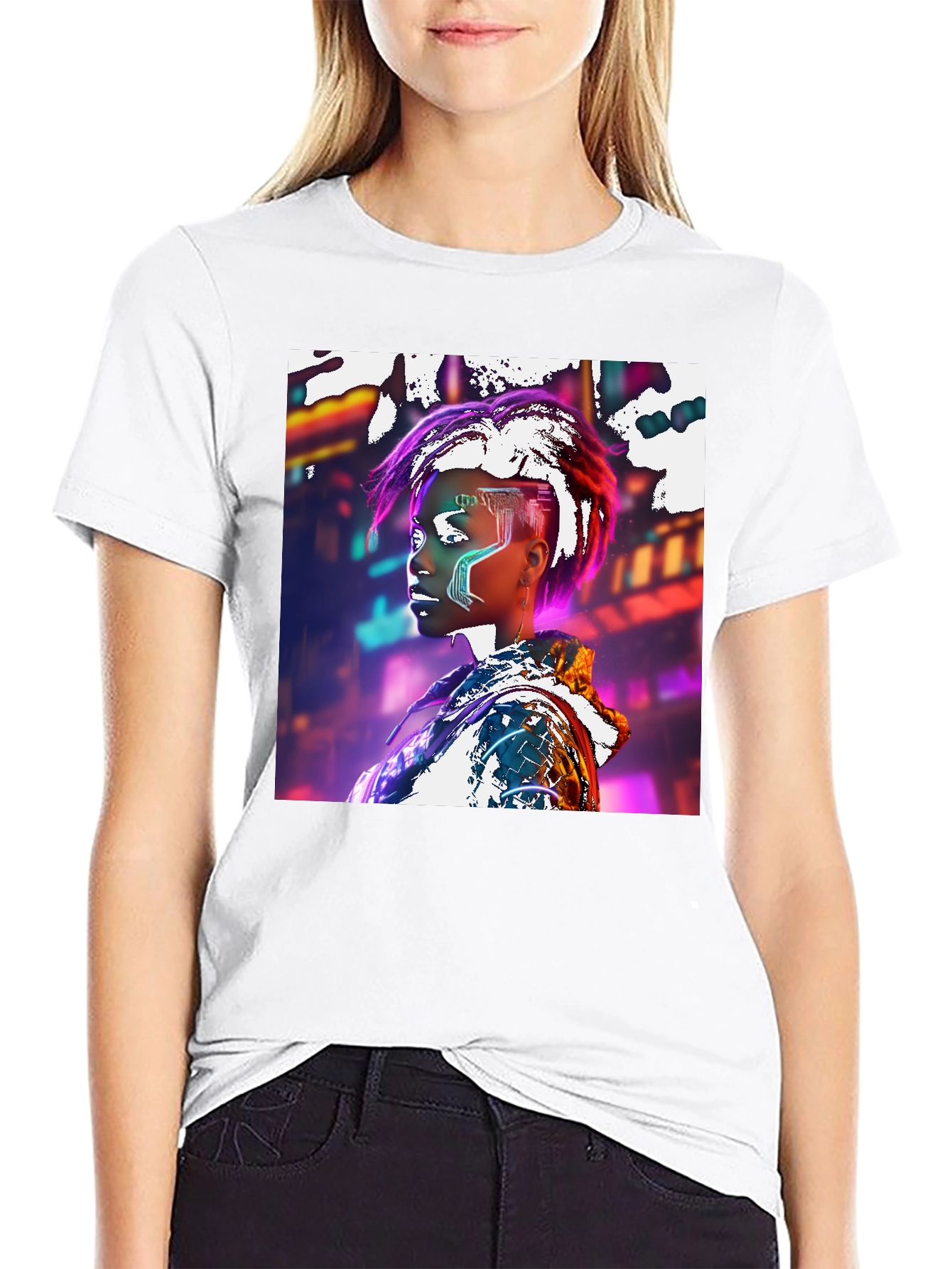 Cyberpunk Futuristic Woman Black T-shirt