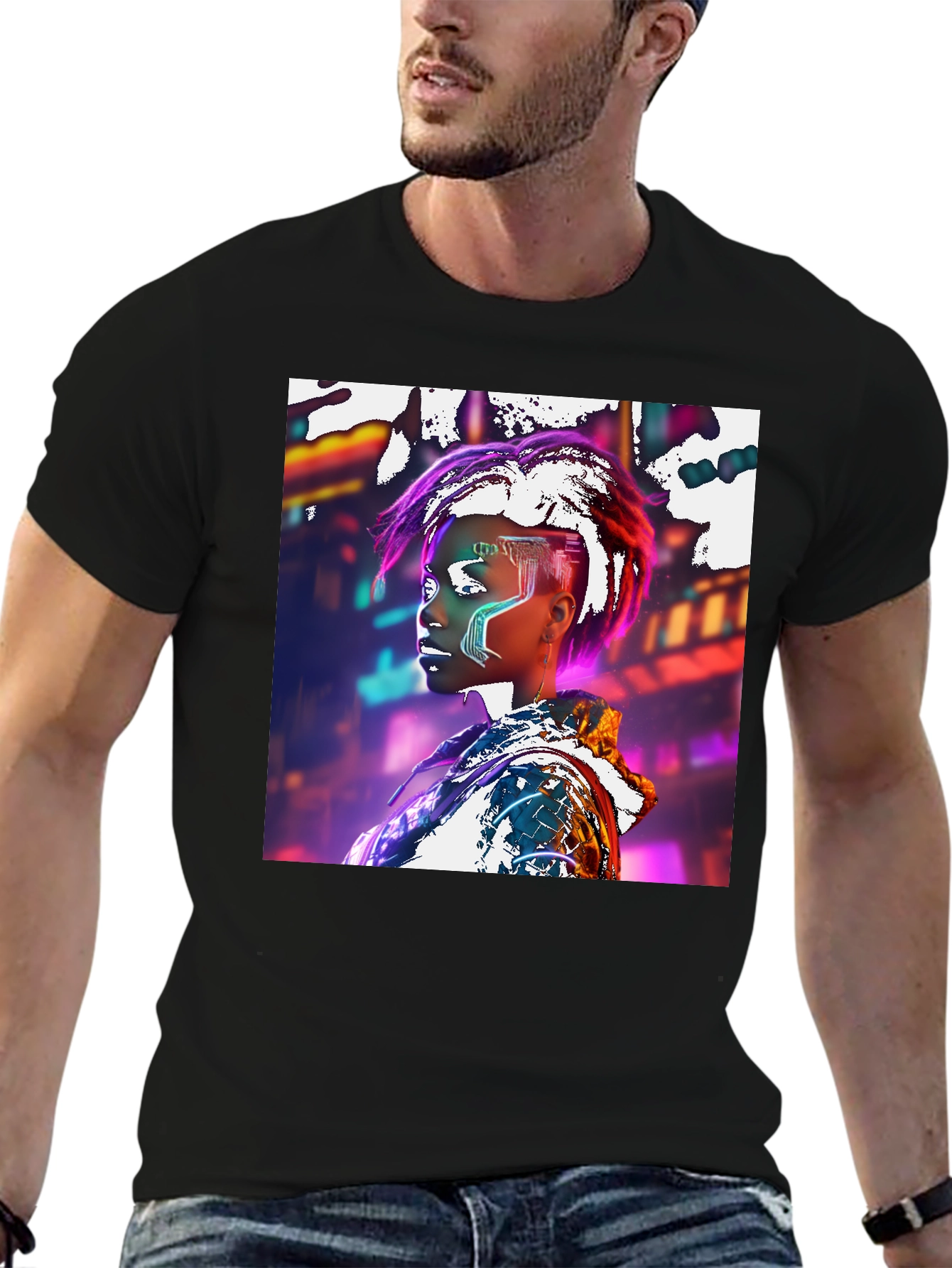 Cyberpunk Futuristic Woman Black T-shirt