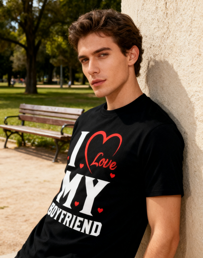 I Love My Boyfriend Heart T-Shirt - 100% Cotton, Romantic Casual Tee for Couples & Daily Occasions