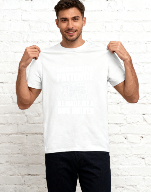 Humorous Bus Driver Graphic T-Shirt - "I Asked God for Patience" Funny Tee, 100% Cotton, Suitable for Multiple Occasions