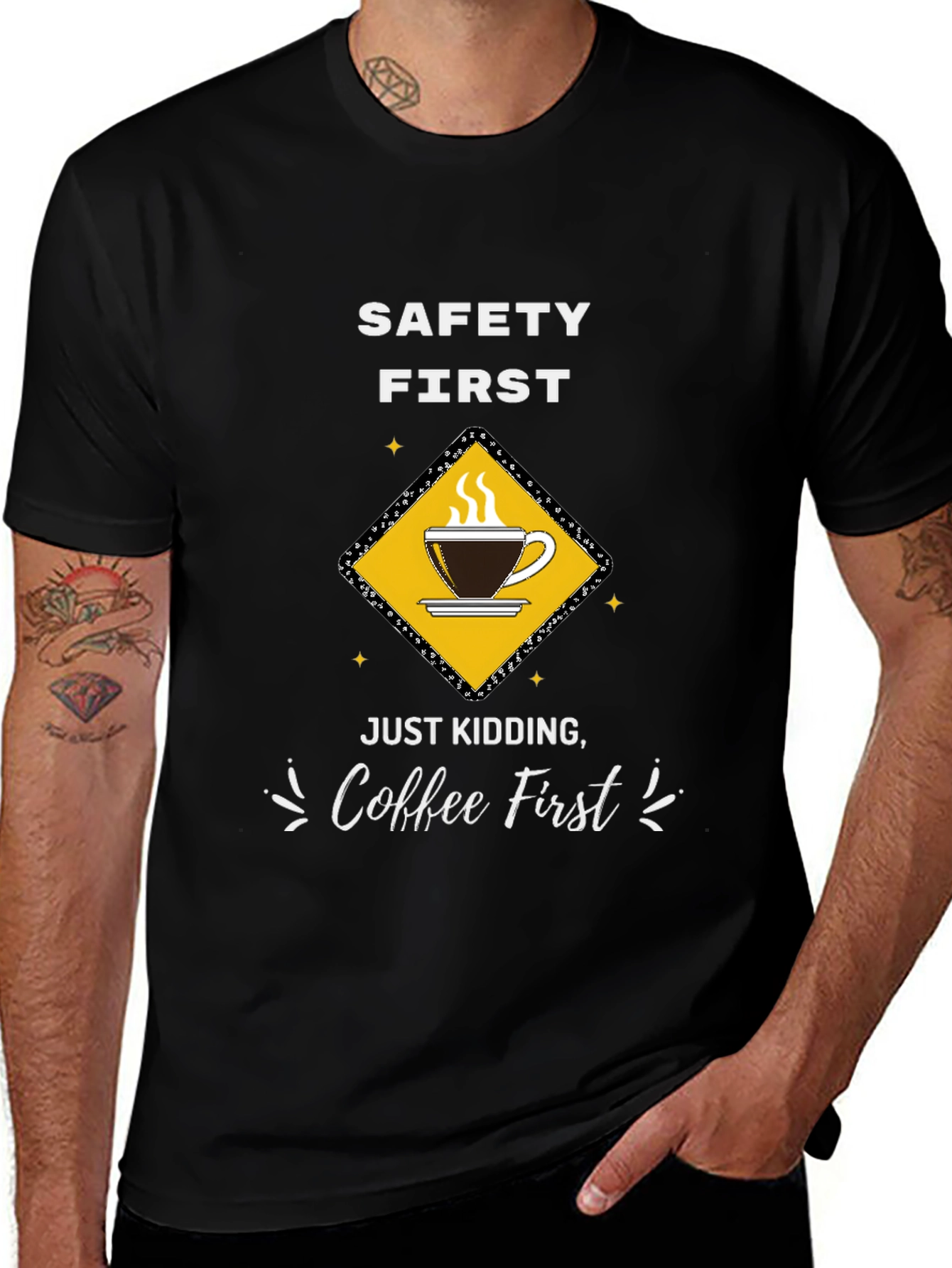 Coffee First T-Shirt - Funny Safety Slogan Tee