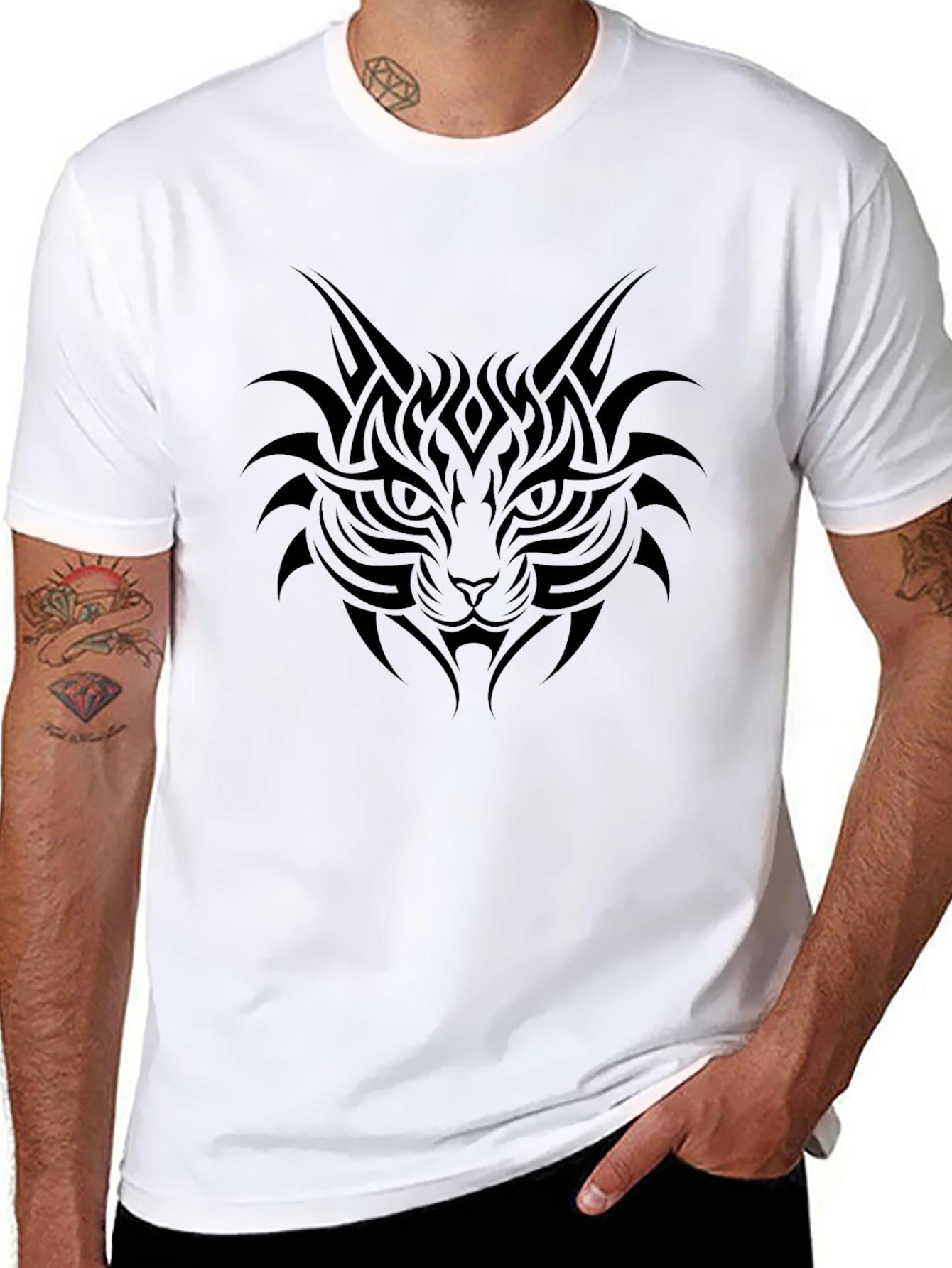 Mens Black T-Shirt with Tribal Cat Graphic