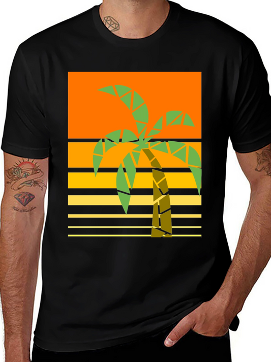 Geometric Palm Tree Graphic Tee - Retro Beach Style