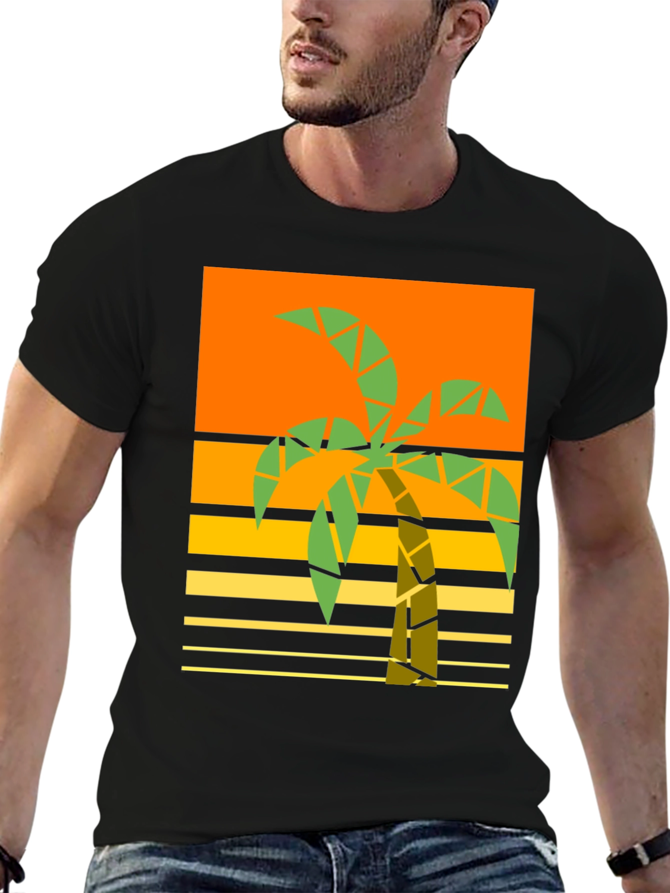 Geometric Palm Tree Graphic Tee - Retro Beach Style