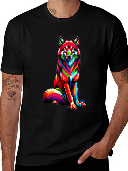 Colorful Wolf Graphic Print Black T-Shirt