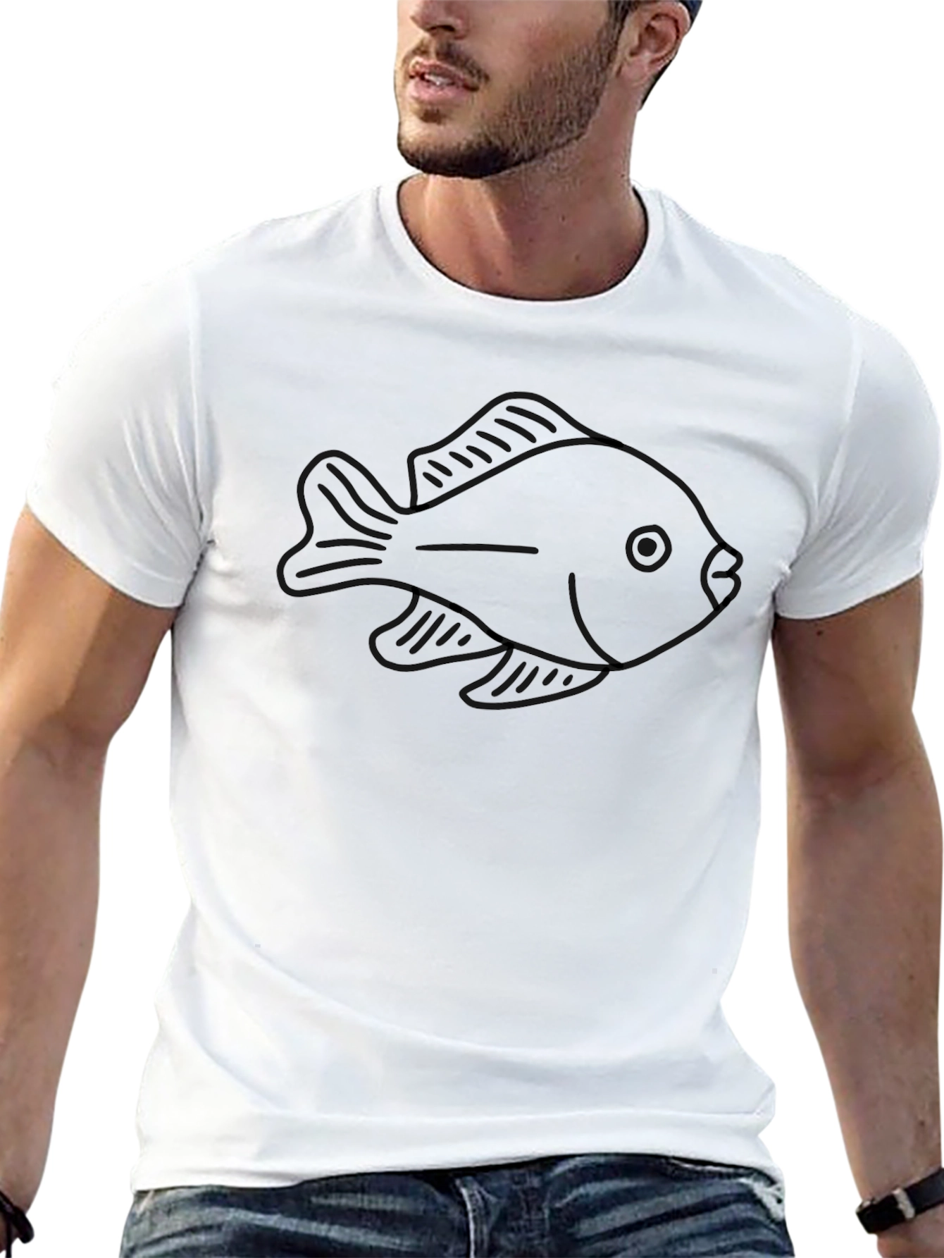 Fish Outline Graphic T-Shirt - Black Casual Wear
