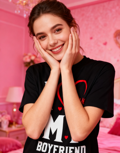 I Love My Boyfriend Heart T-Shirt - 100% Cotton, Romantic Casual Tee for Couples & Daily Occasions