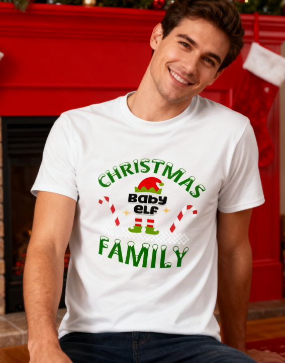 Christmas Baby Elf Family T-Shirt - 100% Cotton, Festive Christmas Tee for Holiday & Casual Occasions