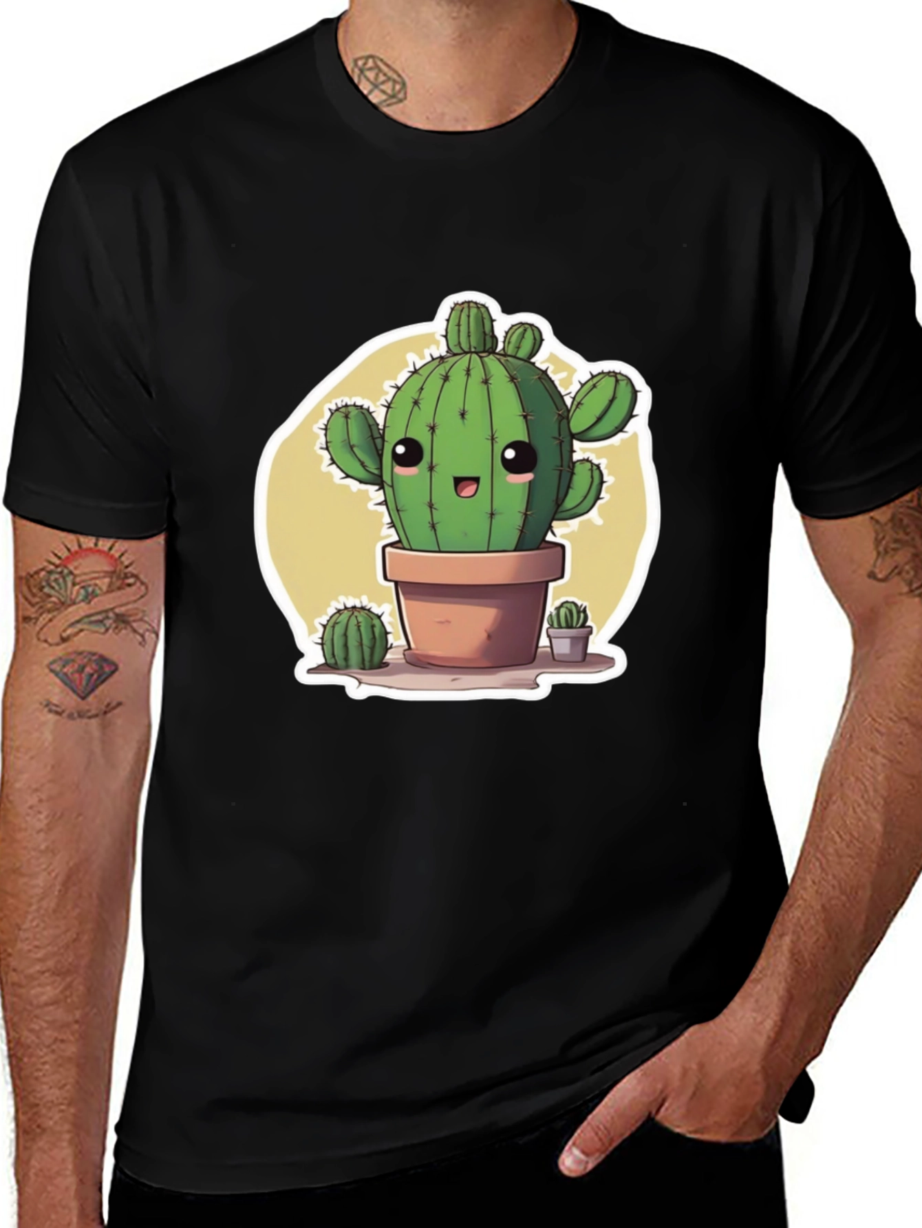Cute Cartoon Cactus Black T-Shirt