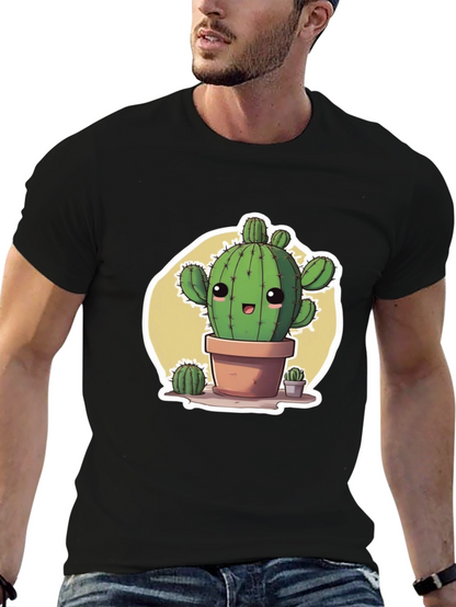 Cute Cartoon Cactus Black T-Shirt