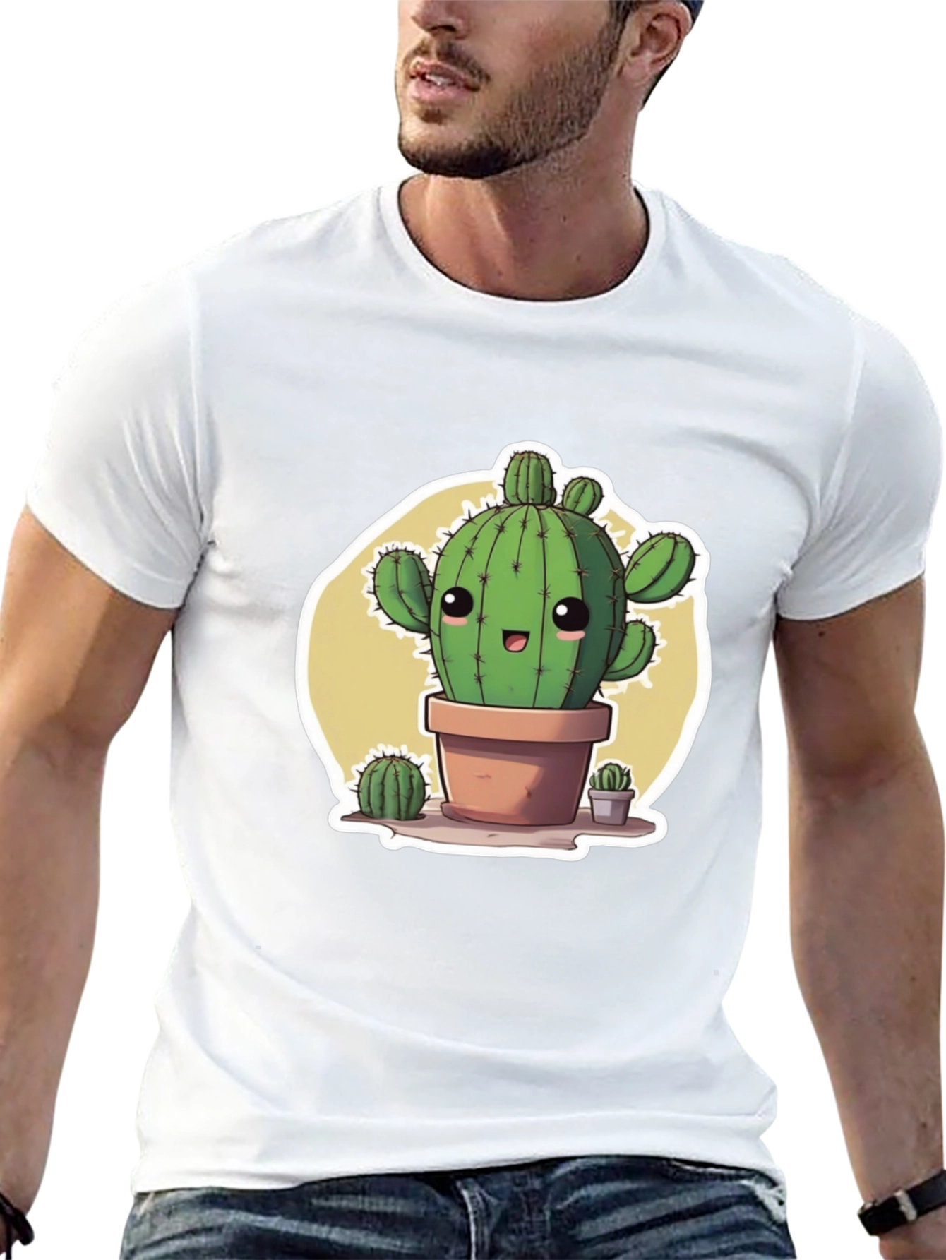 Cute Cartoon Cactus Black T-Shirt