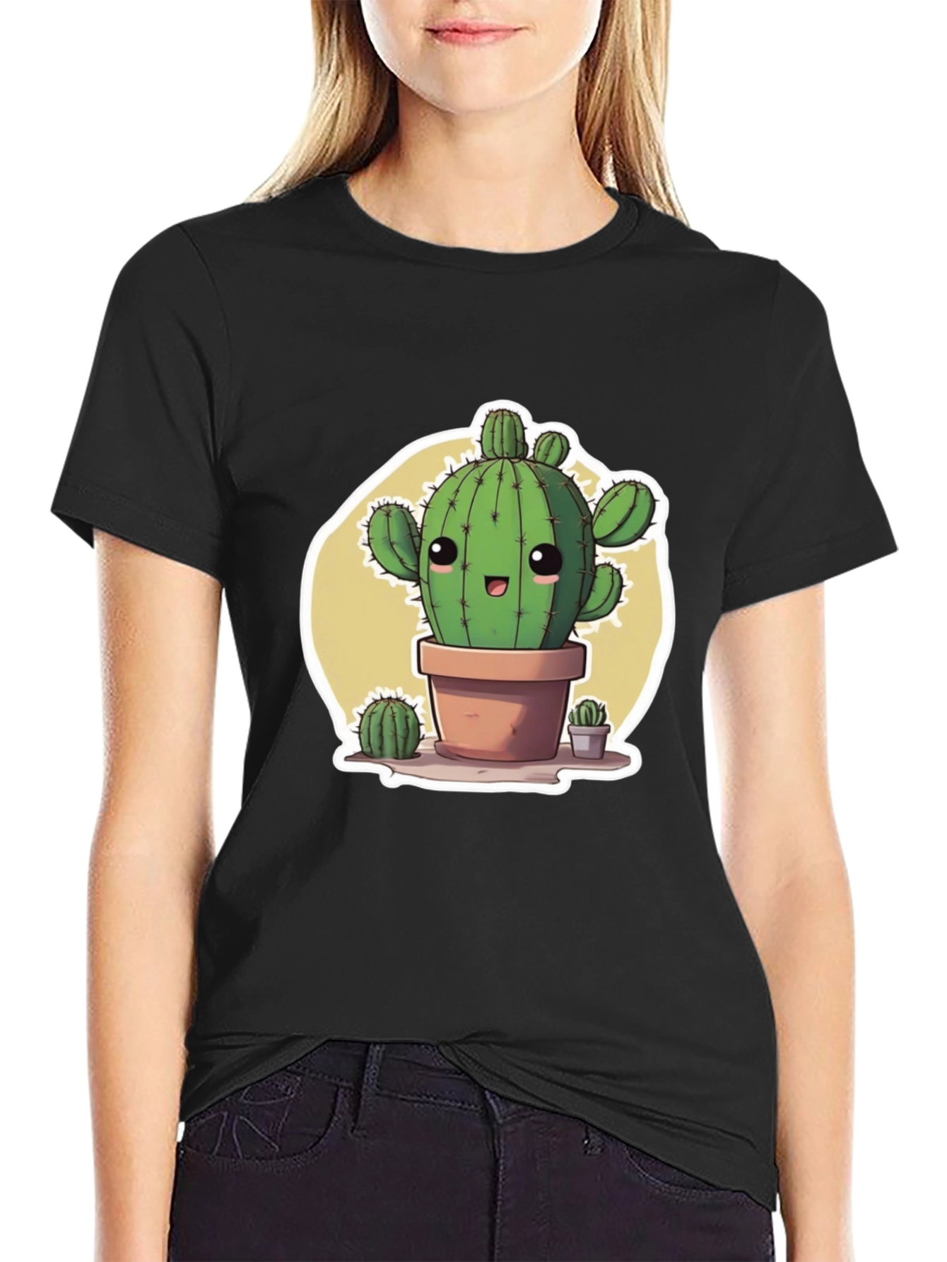 Cute Cartoon Cactus Black T-Shirt