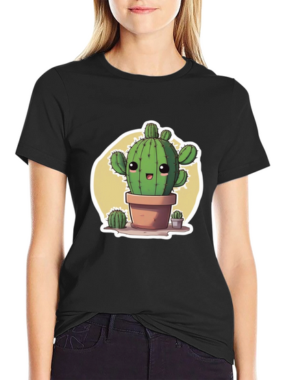 Cute Cartoon Cactus Black T-Shirt