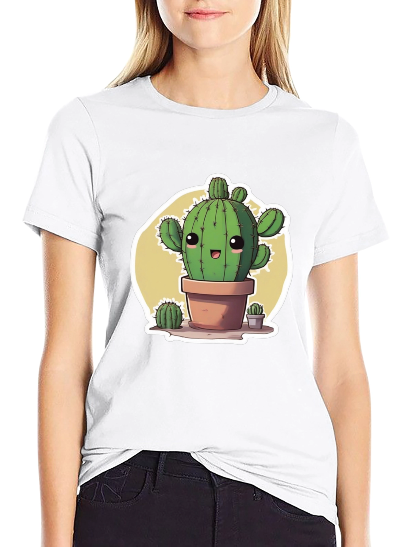 Cute Cartoon Cactus Black T-Shirt