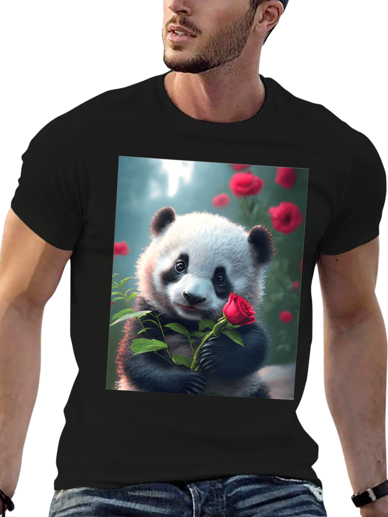 Panda with Rose Graphic Tee - Unique Black T-Shirt