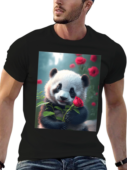 Panda with Rose Graphic Tee - Unique Black T-Shirt