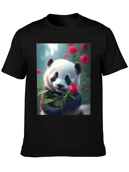 Panda with Rose Graphic Tee - Unique Black T-Shirt