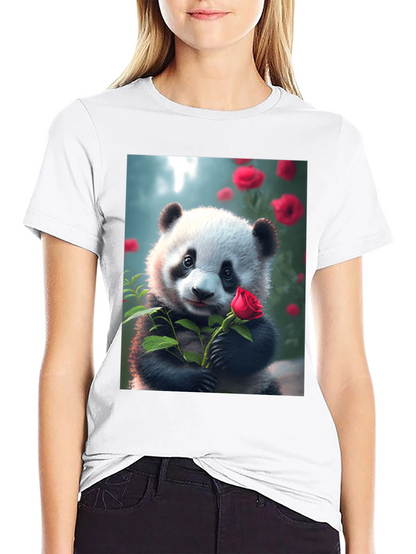 Panda with Rose Graphic Tee - Unique Black T-Shirt