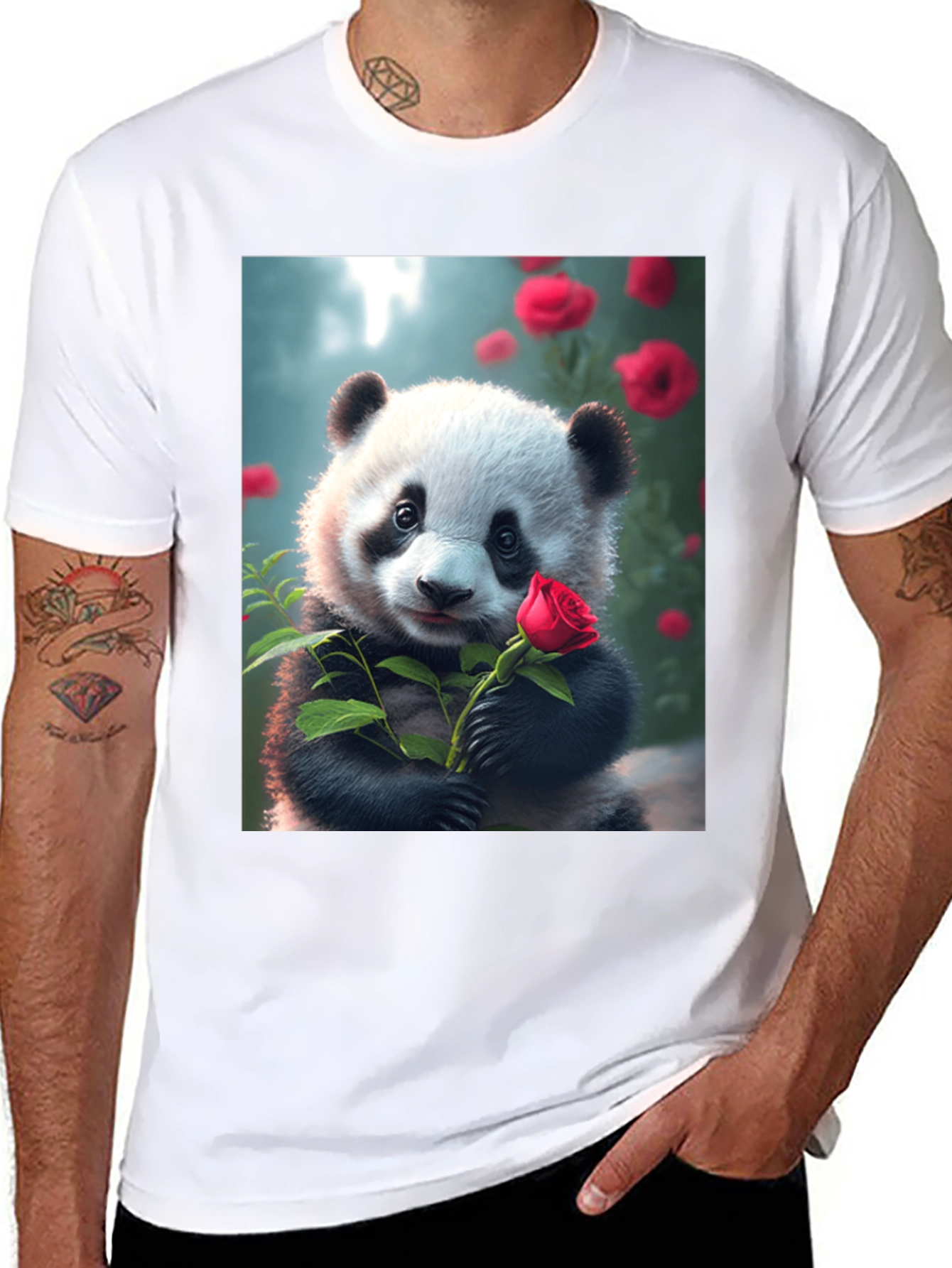 Panda with Rose Graphic Tee - Unique Black T-Shirt