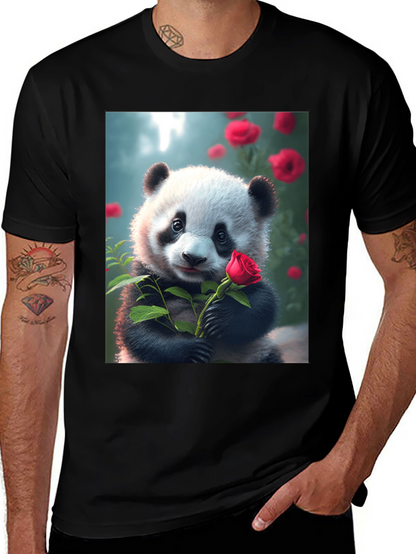 Panda with Rose Graphic Tee - Unique Black T-Shirt