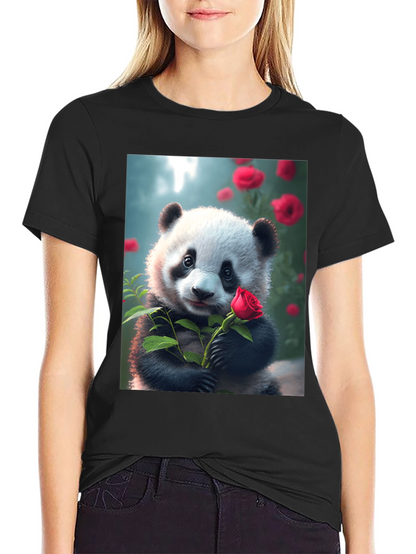 Panda with Rose Graphic Tee - Unique Black T-Shirt